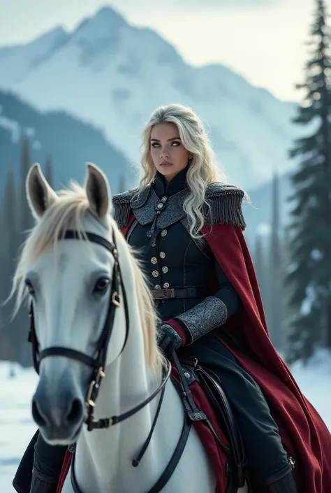 a woman with long, curly white hair wearing a black and red general outfit ,  your eyes are wide , And a smile is in your mouth , She is sitting on a white horse looking at the horizon, Its snowing and there are very large mountains and pine trees all arou...