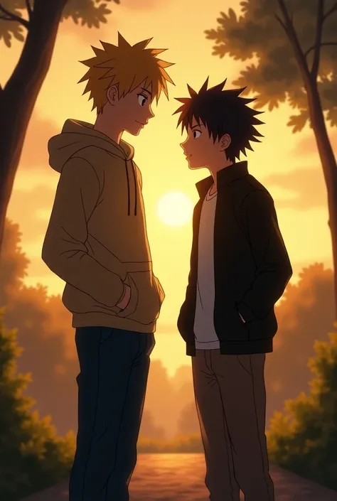 Create an image of Naruto, aged 20, and Obito, aged 18, standing together in a quiet, serene setting. Naruto has messy blonde hair and is wearing casual clothing—a light hoodie and jeans. He has a confident, warm expression, with a gentle smile on his face...