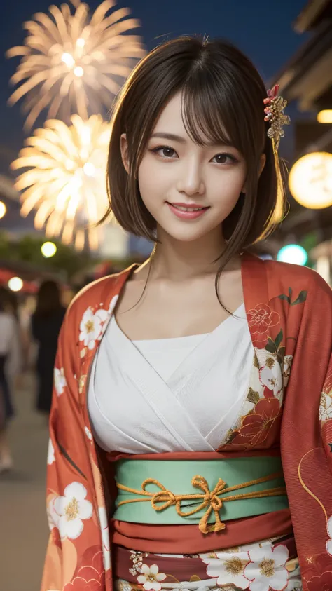 Looking at the camera,(((highest quality, 8k, masterpiece))), Sharp focus, (Beautiful woman with perfect figure), thin,  ((Kimono)), street, Highly detailed face and skin texture Detailed eyes Double eyelid Random pose, (smile),super cute Japan person,supe...