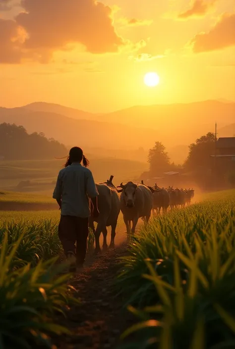 A sun rising over a small village. The camera pans over fields, showing a farmer (Ramu) plowing with his bullocks.

Text on screen: "A farmer’s life is a journey of hope..."
