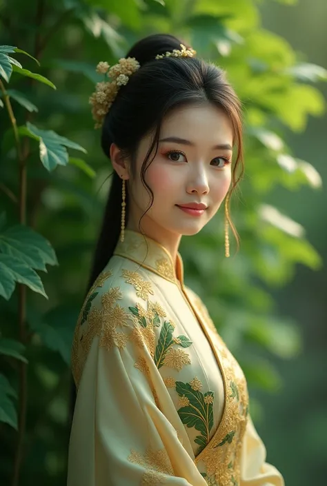 I want to create an image of a woman wearing a Vietnamese long dress and ginseng leaves 