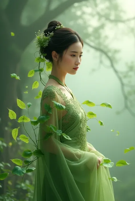 I want to create an image of a woman wearing a Vietnamese long dress combined with ginseng leaves 