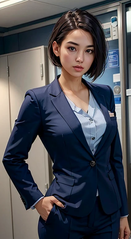 A career woman wearing a navy blue suit、28 years old、One person、