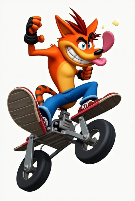 Crash Bandicoot sending a double wheel with his tongue out and making a wheel with both hands 