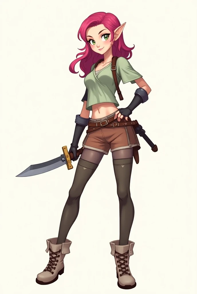 (Full body:1.5), subject in semi-profile, 1 half-elf, woman, young, slightly pointed ears, small ears, pink hair, green eyes, slim, medium chest, nice legs, smiling, friendly, RPG clothes, rogue clothes, boots, anime style, simple drawing, line drawing, an...