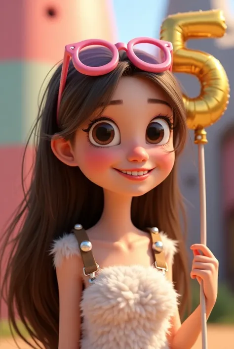 Create a Disney Pixar character a  white-skinned girl with long brown hair and a beaked smile she wears a white top with shiny white pearl fur and strap she wears pink glasses on her head pink cheeks holding an inflatable balloon with the number 5 