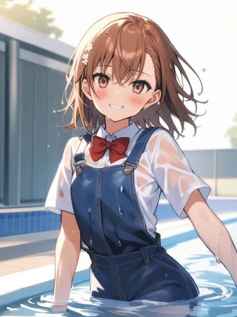 {1girl, solo}, misaka_mikoto, denim overalls, long jeans, white collared shirt, flat_chest,  red_bowtie, blush, big smile, wet, water drop, wet body, wet hair, wet face, wet clothes, wet overalls, swimming pool