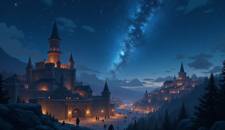 a city surrounded by walls and stars in the sky