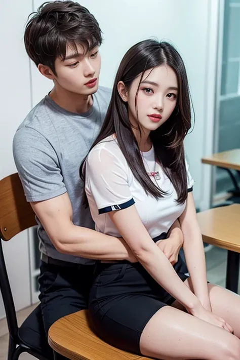 top-quality　​masterpiece　Male and female couple　 girl wearing a tight skirt over her blouse while sitting on a chair。Hug from behind。High school boys、 long pants uniform and mash cut hairstyle 。Without glasses、Revenge Relationship,  hot girl&#39;chest, Hot...