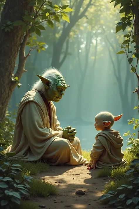 Master Yoda teaching the secrets of the Jedi force to the young Mandalorian grogu