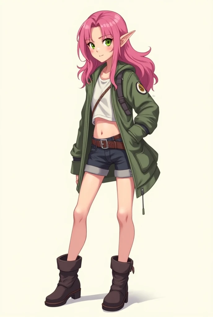 (Full body:1.5), subject in semi-profile, 1 half-elf, woman, young, slightly pointed ears, small ears, pink hair, green eyes, slim, medium chest, nice legs, smiling, friendly, RPG clothes, rogue clothes, boots, anime style, simple drawing, line drawing, an...