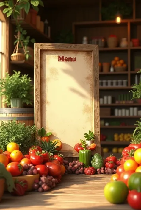 Menue  avec fruits legumes barils pour epicerie en 3d avec un menu au milieu sur le menu faut quil soie tres  pret et bien grand zommer dessus pour ecrire un grand menu