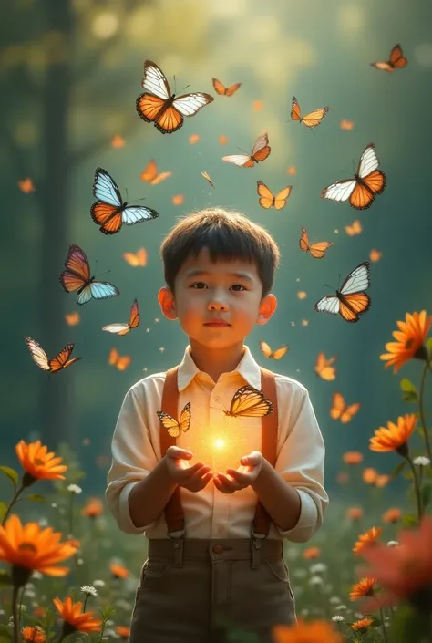 Boy freeing butterflies from his heart