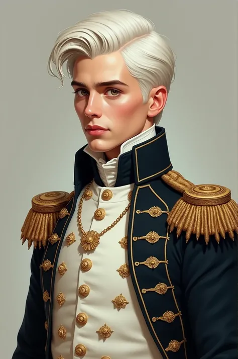 Make me an image of a white-haired, brown-eyed young man wearing a Napoleonic era outfit, white skinned 