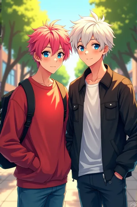  Portrait of two 18-year-old university students : Italian yuuji,  with pink hair and a cheerful expression , wear a red sweatshirt and jeans . At your side, Satoru Gojo,  with white hair and bright blue eyes , Smile with confidence,  wearing a black leath...