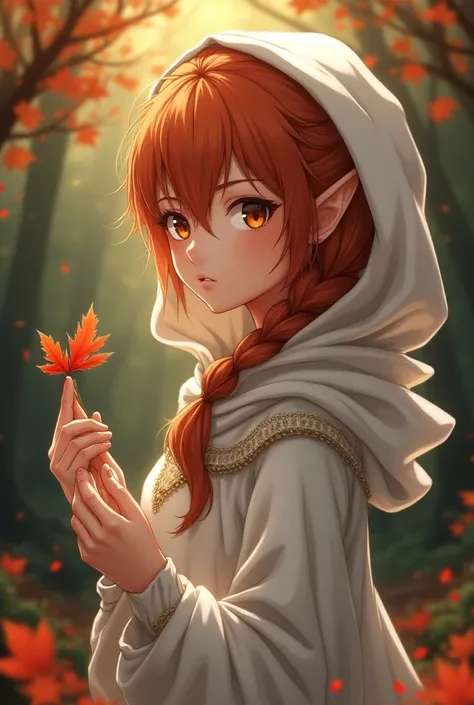 score_9, score_8_up, score_7_up, (masterpiece, UHD, 8K, 16K, ultra detailed), sfw, upperbody shot, 1girl, elf, orange eyes, one side braided hair, ginger hair, holding a red leaf, white dress with hood, intricate details, (murmuring leaves), (wind:1.2), (m...