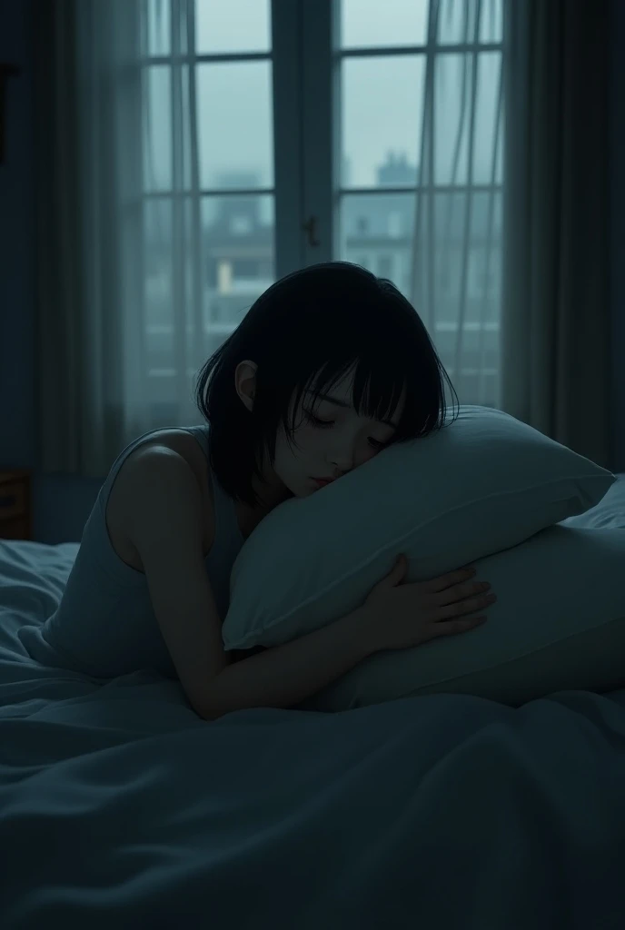 I need you to create an image for me in which a girl with black hair not as long as her waist she is a brunette is lying in her sad bed hugging a pillow and looking out the window