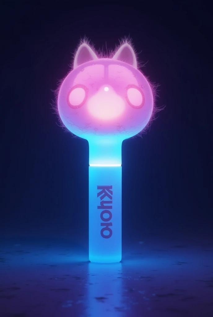 Make a light stick that has a slightly hairy cats foot and that throws colors and that is protected with a transparent sphere and that says KYRO that looks like that of bts for a concert and that lights like that of bts and that is white 