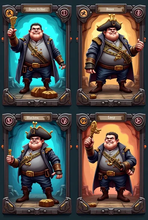 4 cards pirated cybernetics robotic king futuristic kingpin,chubby ,cartoon with training level , collectible cards ,  create a collection of 4 pirate cards, one level 7 and one level 
16 another level 55 and the other level 99,  holding a key and with a t...