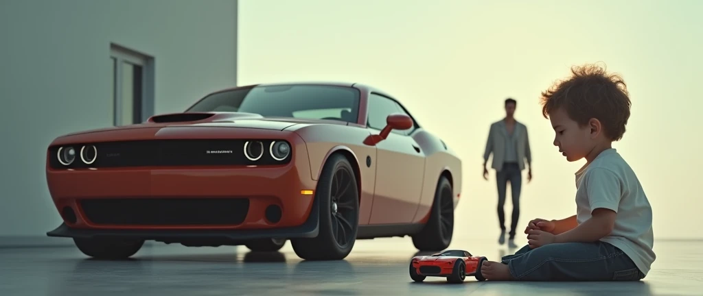 Create an image of a young boy with a toy car and a mirror in front of him and a grown man coming out with a Dodge Challenger