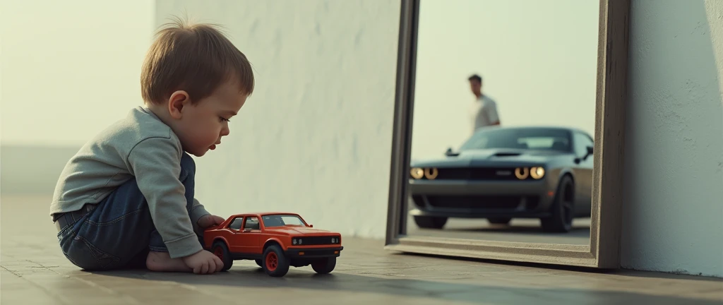 Create an image of a young boy with a toy car and a mirror in front of him and a grown man coming out with a Dodge Challenger