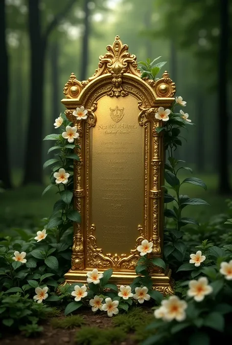 Gold-covered ornamental headstone and jewels adorned with gardenia flower in the middle of the forest