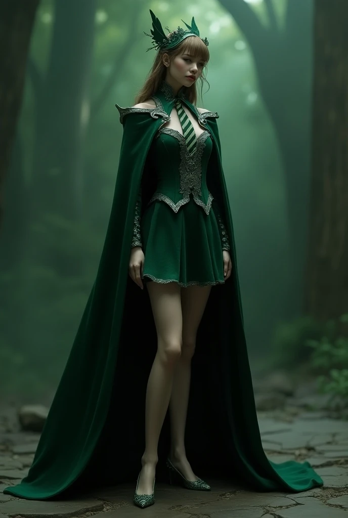 skirt is short and flowing, in a deep emerald green, with silver details that shine as you move. The cape, long and elegant, spreads out like wings, with the Slytherin emblem on the chest. Your tie, with diagonal stripes in green and black