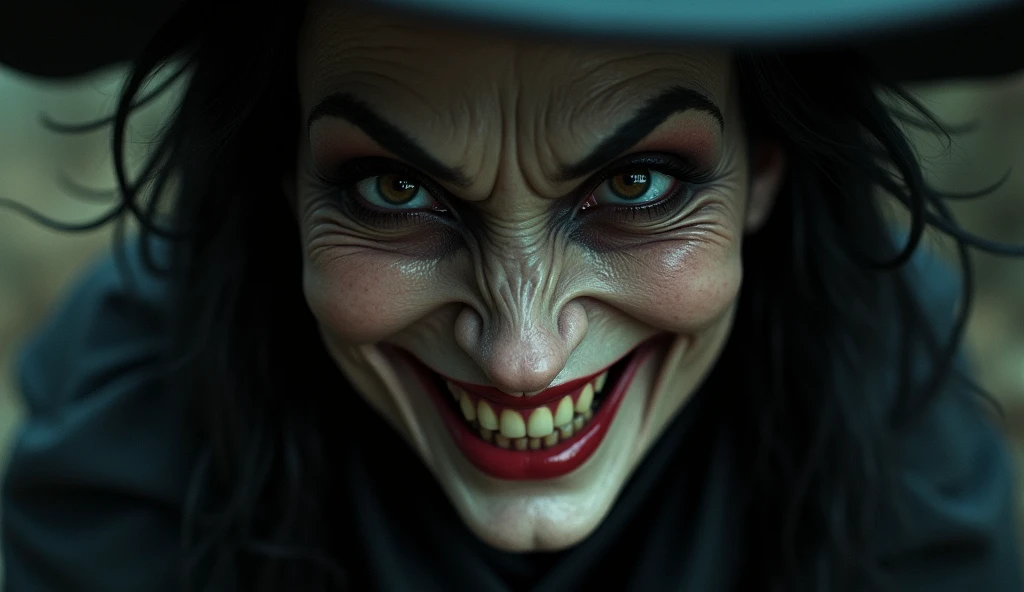 The witchs face close-up, with a sinister smile.

