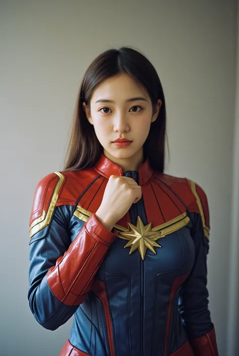 A cute Korean girl cosplaying as Captain Marvel, a Marvel Comics character. Her breasts are big and beautiful. She is looking at the viewer while striking a fighting pose, film photo