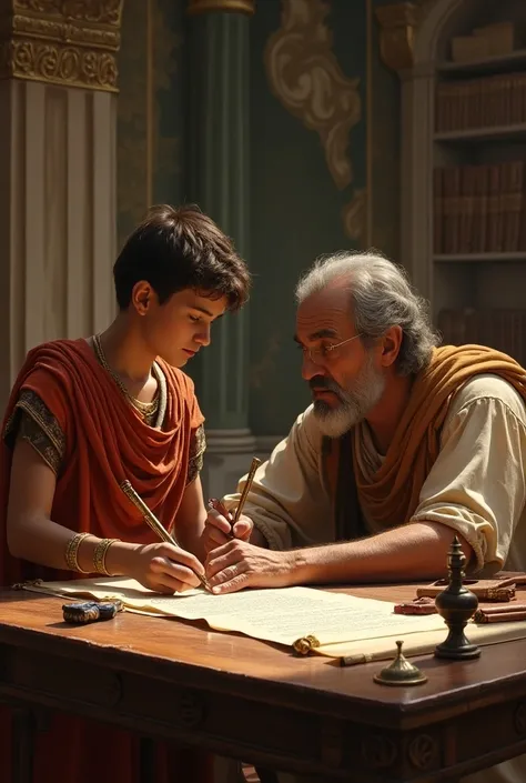 Greek prince teaching him to write with an inkwell on a scroll 