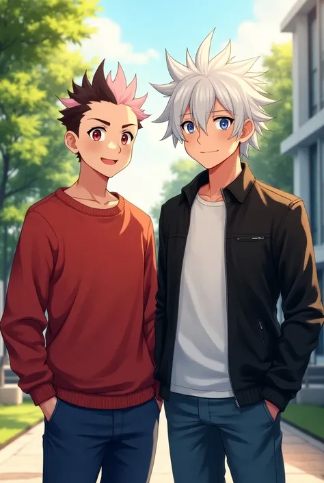  Portrait of two 18-year-old university students : Italian yuuji, with pale pink hair , shaved on the sides showing dark roots,  brown eyes and a cheerful expression , wear a red sweatshirt and jeans . At your side, Satoru Gojo,  with white hair and bright...