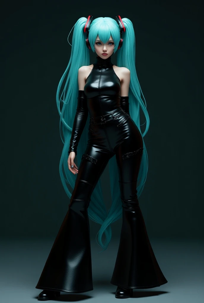 Hatsune Miku 3d ,  in black long flared leather pants,  latex turtlenecks .