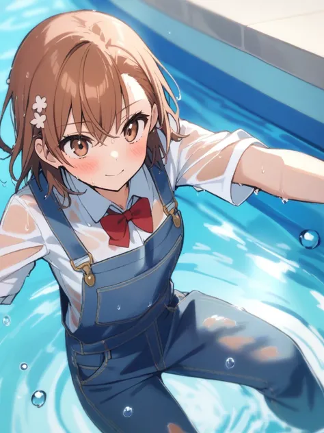 {1girl, solo}, misaka_mikoto, (denim overalls, long jeans), white collared shirt, flat_chest,  red_bowtie, blush, big smile, wet, water drop, wet body, wet hair, wet face, wet clothes, wet overalls, swimming pool