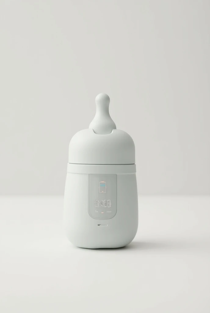 Create the image of an electronic bottle with a flexible silicone bottle nozzle that has an economic format with the digital panel with the screen other than photoc displaying the temperature of the liquid and also has a battery icon for a baby in detail w...