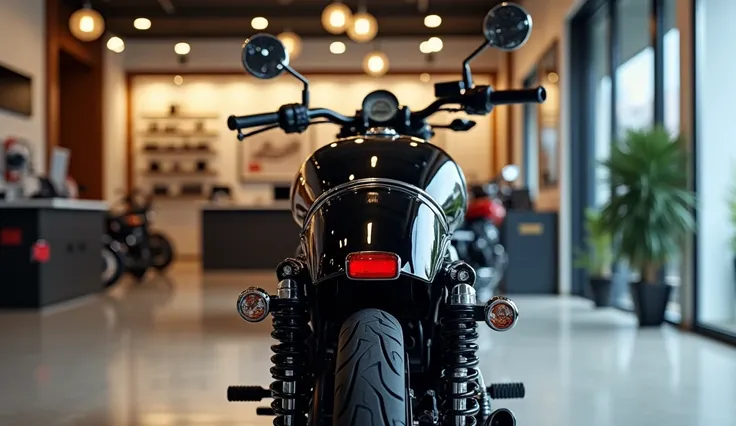 Royal Enfield classic 350 in showroom with shinny black color with back view