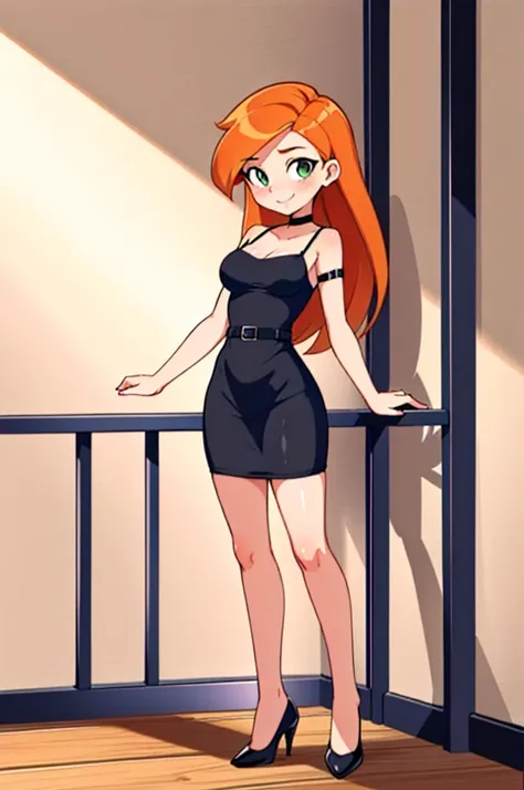 (kim possible:1.3), long hair, green eyes, (black spaghetti strap dress:1.3), blush, medium breasts, orange hair, black spaghett...