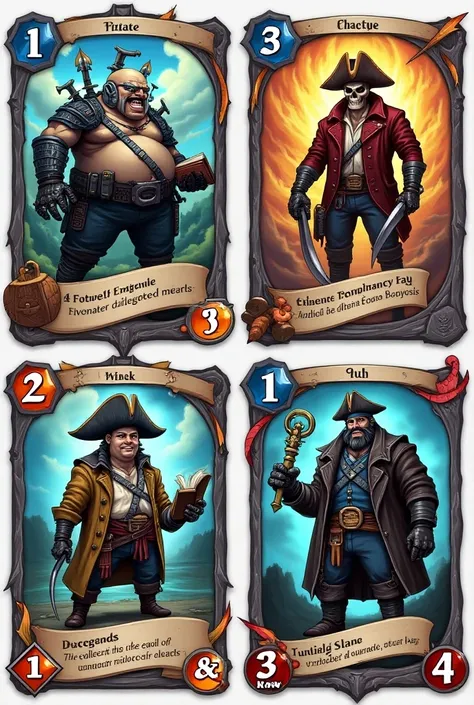  4 Pirate cards 2D image ,Cybernetical machine ,  robotic kingpin futurist , full of weapons with a book in his hand chubby ,cartoon with training level , collectible cards ,  create a collection of 4 pirate cards, one level 7 and one level 
16 another lev...