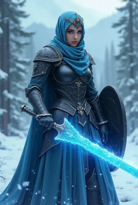 ((portrait, upper torso, armored female paladin, battle worn black chrome lacquered perfectchainmail armor:1.4, alabaster cloak, (((((Double D, DD, DD))), :0.8]))),(wearing hijab blue)iceblue eyes, blackout eyeshadow, iron tiara), glowing radiant blue snow...