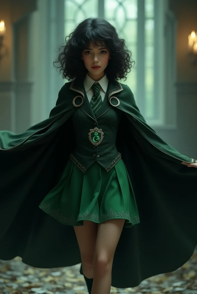 A girl of medium fair complexion with curly black hair wearing a skirt is short and flowing, in a deep emerald green, with silver details that shine as you move. The cape, long and elegant, spreads out like wings, with the Slytherin emblem on the chest. Yo...