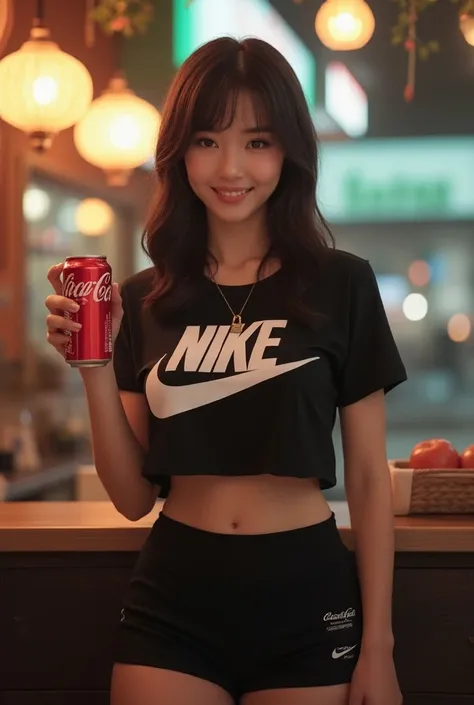 Portrait MagMix Japanese woman, wearing a Nike cropped tee and black booty shorts, tight clothing, perfect figure, huge breast, shallow depth of field, highly detailed, hyper-realistic, medium-format film camera, wearing Nike tee shirt, drinking a can of C...