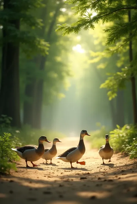 A very beautiful good morning, a beep forest, sun light blinking from the tree leaf, all side is sand, some duck running there, realistic picture, 4k,8k,32k,