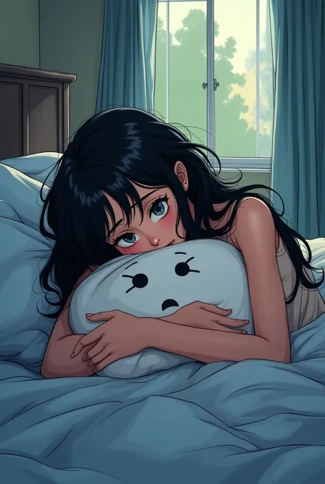 Believe me an image of a black-haired brunette girl is in her bed hugging her sad pillow do it in a comic book style the girl is looking out her bedroom window( In that same image do it
 sorrowful
