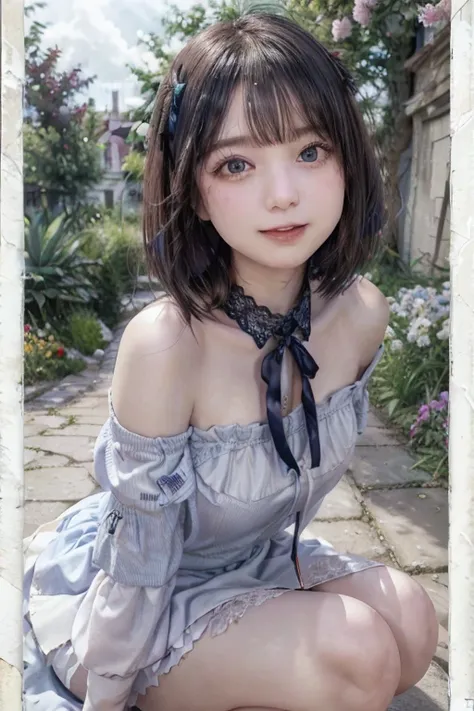 One young beautiful girl、(round face)(Big eyes、Droopy eyes、Blue Eyes), (Laugh with your mouth slightly open)、(Platinum silver hair、Straight short bob hair), ( Scenery full of flowers、 Light shining through the sky ,  colorful flowers surround the girl)、red...