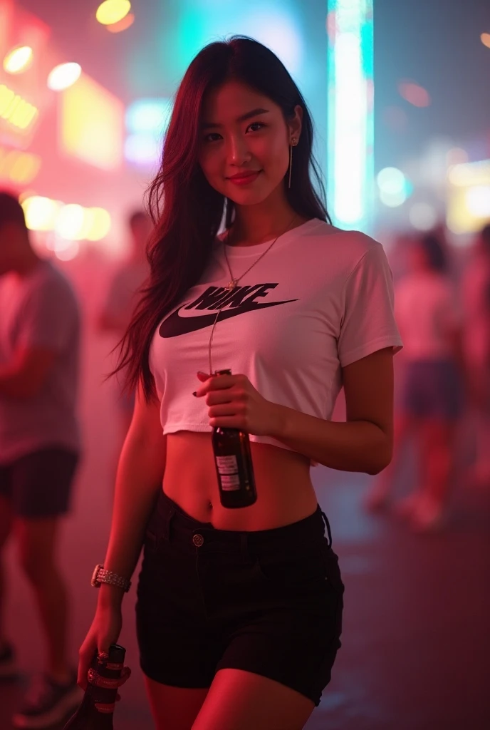 Portrait MagMix Japanese woman, wearing a Nike cropped tee and black booty denim shorts, tight clothing, perfect figure, huge breast, shallow depth of field, highly detailed, hyper-realistic, medium-format film camera, wearing Nike tee shirt, drinking a bo...