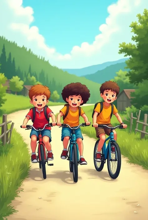  Develop a composition , whose theme :
3 ren cyclists 
2 of  and one of 9 going to their rural school 

A4 song card stock
Free technique
Free color technique
