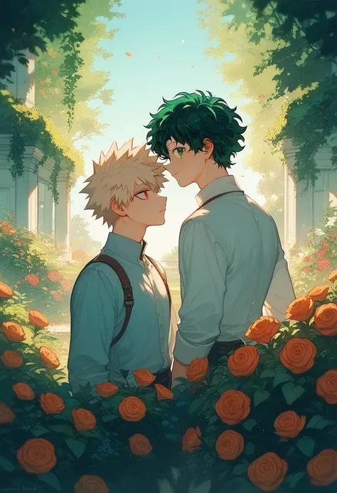  2 Katsuki Bakugou boys with bright red eyes and in a beautiful garden and a sunset together with Izuku Midoriya with bright green eyes