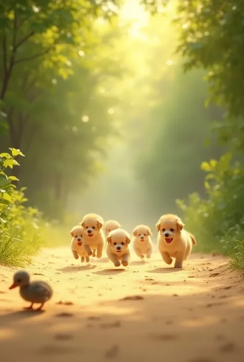 A very beautiful good morning, a beep forest, sun light blinking from the tree leaf, all side is sand, some duck running there, realistic picture, 4k,8k,32k,dont blar anything. 100k,some puppies running, morning light. 