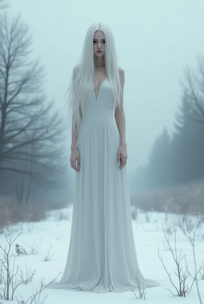 A cold tall girl with long white hair with a pirsi 