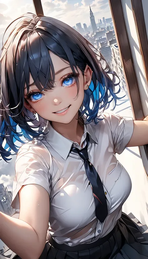 One Gal、 seductive smile 、((multicolor hair:1.2))、 black and blue hair、 medium hair 、 heterochromia、detailed cat-like eyes、black and blue eyes 、Captivating thighs、clavicle、The shirt that fell apart、Black Bra、 jacket、tie、skirt、((betに仰向けで寝転ぶ:1.3))、Lying down...