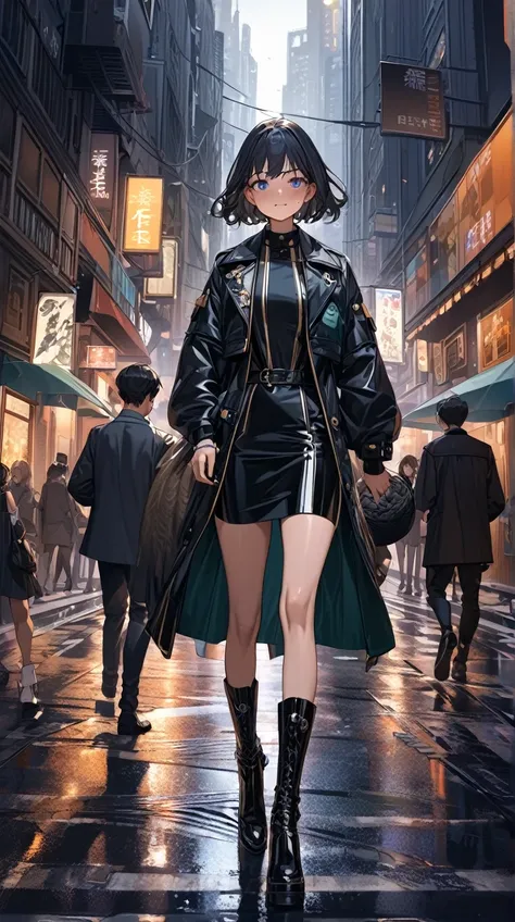 Cool girl、Calm expression、Short Hair、A moment to enjoy the modified uniform 、Tight jacket、 The skirt is a stylish design that matches leather 、 boots、  
   break、  
   Night City、( dark atmosphere:1.4)、Chic colors、 Nervous Shadows 、Free Spirit、  
   break、...